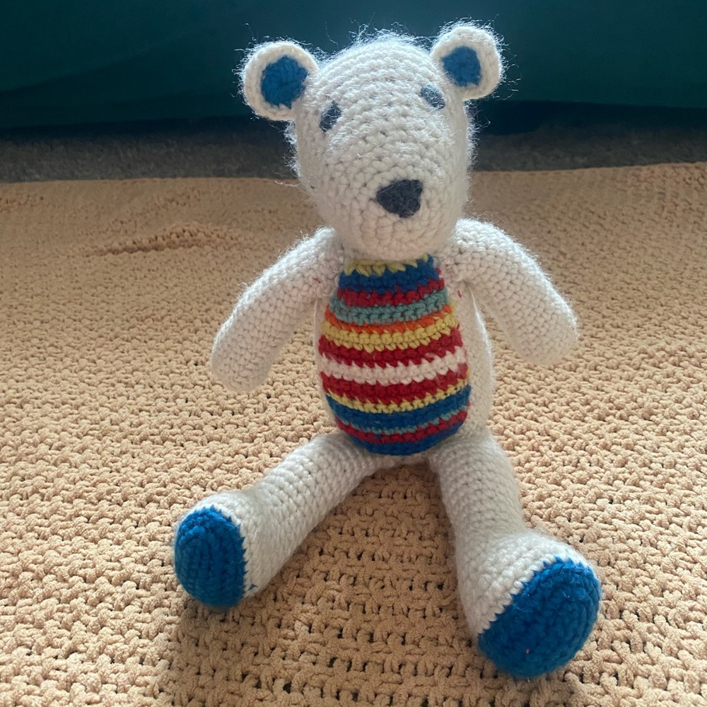 Pottery Barn Kids White and Blue Striped Knit Bear Toy